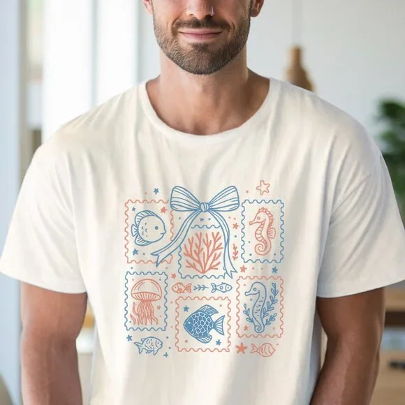 Ocean Life Stamp T Shirt Marine Animals Tee Fish Seahorse Jellyfish Design - Picture 4 of 6